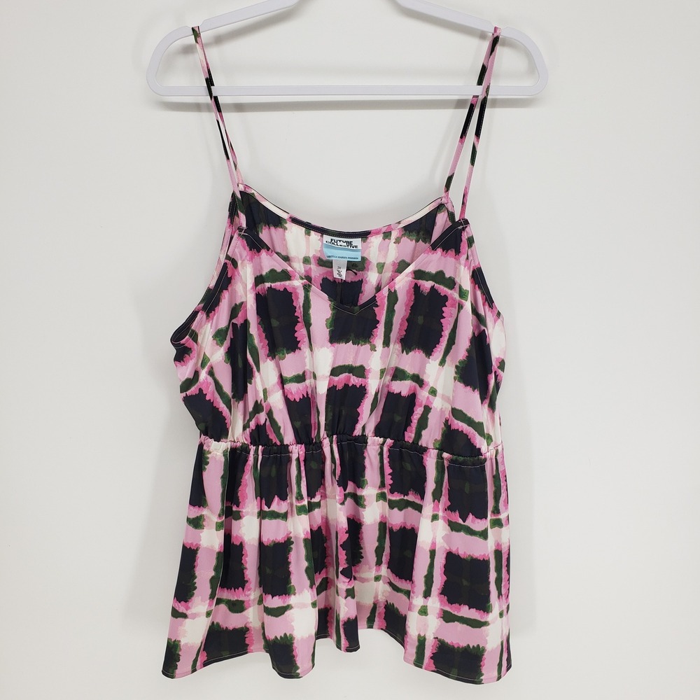 Future Collective Plaid Peplum Camisole Women 2X Pink Black Tie Side Tank Top